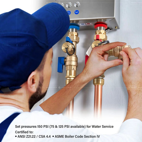 Installed Midline GUHW-QSW256 pressure relief valve for tankless water heater, forged brass, 3/4 in FIP x MIP