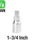1-3/4 Inch 3/8 Inch Drive Socket Extension Bar For Tight Spaces, Chrome Steel Finish, shown standing upright