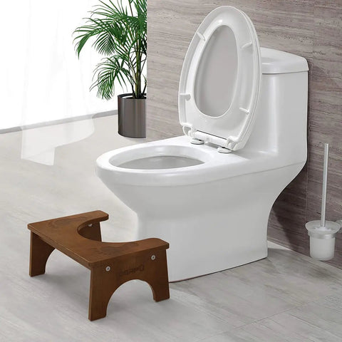 Wooden Toilet Stool For Kids And Adults, Anti Slip Bamboo Potty Training Step Stool, 7 Inch Rise, next to white toilet