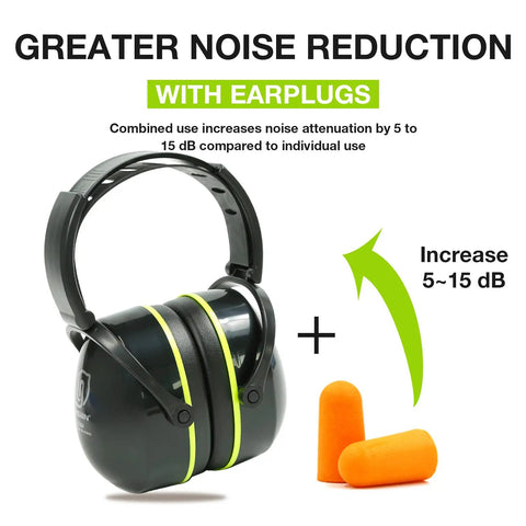 Industrial Hearing Protection Earmuffs With 31 dB Noise Reduction For Construction Woodworking Lawn Mowing And DIY Projects Ultra Soft Memory Foam Cushions Adjustable Foldable Design For All Day Comfort with orange earplugs