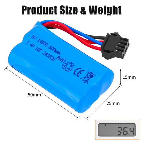 7.4V 600mAh Li Ion Two Pack Rechargeable Battery 2S With SM 4P Plug And USB Charger Cable For Gel Blaster RC Boat And Car Use