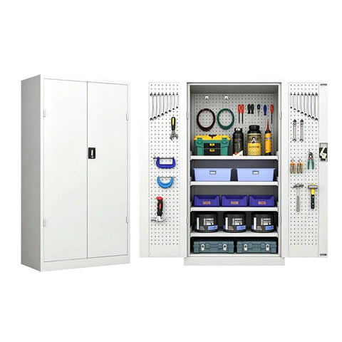 Heavy Duty Rolling Tool Chest And Two Door Garage Storage Cabinet With Tough As Nails Steel Frame and organized tools inside.