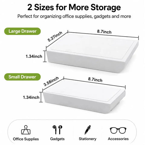 Kick Clutter To The Curb With This Slick Under Desk Drawer Organizer 2 Pack showing large and small drawers for office supplies.
