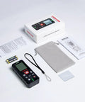 Laser Distance Meter With Dual Bubble Levels, Measures Up To 328 Feet, 4 Unit Conversions, Backlit LCD Display, IP54 Waterproof, Pythagorean Mode For Distance Area And Volume, Ultra Accurate To One Sixteenth Inch, Easy Grip Handheld Tool with box, manual, pouch, batteries, and wrist strap