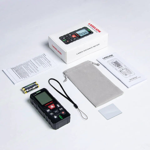 Laser Distance Meter With Dual Bubble Levels, Measures Up To 328 Feet, 4 Unit Conversions, Backlit LCD Display, IP54 Waterproof, Pythagorean Mode For Distance Area And Volume, Ultra Accurate To One Sixteenth Inch, Easy Grip Handheld Tool with box, manual, pouch, batteries, and wrist strap