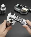 Person using 6 Inch Digital Caliper With Stainless Steel Polished Finish, Inch Millimeter And Fraction Readouts on metal rod
