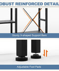 Triple Column 4 Tier Bookshelf With Adjustable Shelves, X-shaped support and adjustable foot pads details, Black.