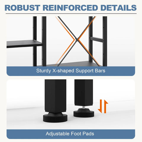 Triple Column 4 Tier Bookshelf With Adjustable Shelves, X-shaped support and adjustable foot pads details, Black.