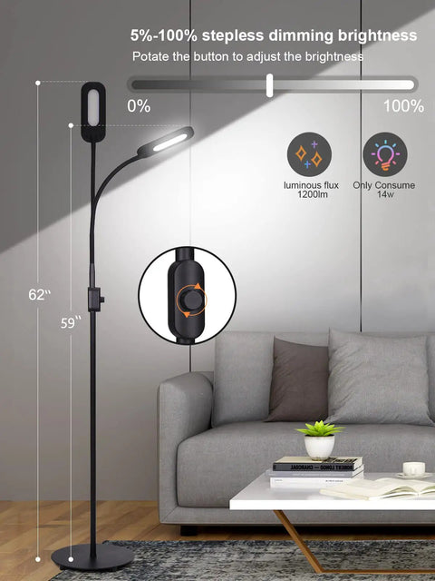 Go-To Floor Lamp With Stepless Dimmer And 3 Color Temperature Modes in living room next to sofa, adjustable gooseneck shown