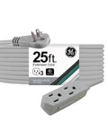 Three Outlet Extension Cord With 25 Foot Grounded Power Cord For Home Office And Media Setups, gray cord with flat plug
