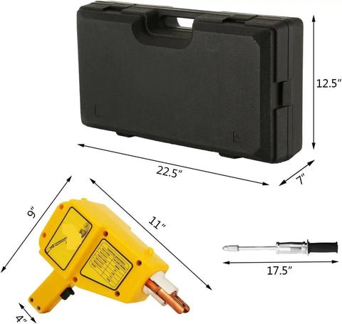 Heavy Duty Stud Welder Dent Repair Kit with adjustable current and time, shown with black plastic storage case, measurements indicated.