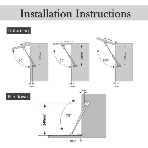 Installation instructions for Gas Struts 50N 10lb 6 Inch Lift Supports For Kitchen Cabinets Cupboards 2 Pack with Upturning and Flip Down views