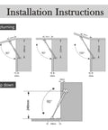 Installation instructions for Bulletproof Six Inch Gas Struts Two Pack showing upturning and flip down positions with measurements.
