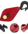 Beefed Up Heavy Duty Lifting Cable Pulley Block For Hauling And Towing Half Ton Capacity Side Opening Design 360 Degree Rotatable Hook Iron Wire Rope Crane Pulley Wheel close-up red metal hook