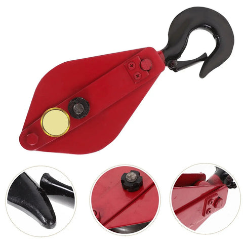 Beefed Up Heavy Duty Lifting Cable Pulley Block For Hauling And Towing Half Ton Capacity Side Opening Design 360 Degree Rotatable Hook Iron Wire Rope Crane Pulley Wheel close-up red metal hook