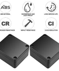 Built Tough Abs Plastic Electrical Junction Box Set Of Six IP65 Water Resistant Power Housing For Smooth Diy Projects And Circuit Assembly 2.5 X 2.3 X 1.4 Inches icons showing features of waterproof, impact resistance, and ABS material.