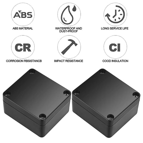 Built Tough Abs Plastic Electrical Junction Box Set Of Six IP65 Water Resistant Power Housing For Smooth Diy Projects And Circuit Assembly 2.5 X 2.3 X 1.4 Inches icons showing features of waterproof, impact resistance, and ABS material.