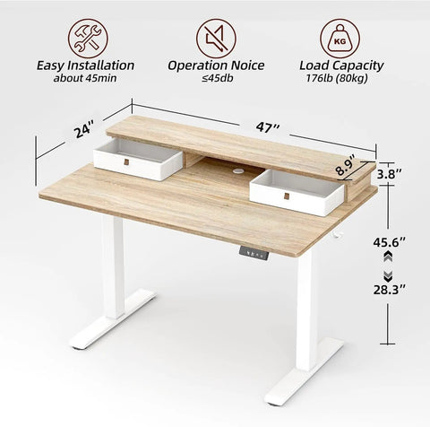 Electric Sit-Stand Standing Desk With Two Drawers, Adjustable Height From 28.3 to 47.2 Inches, 48 by 24 Maple Top, Storage Shelf