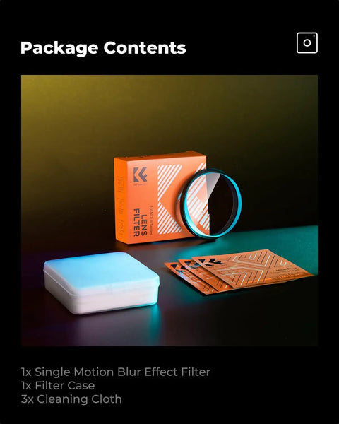 82mm Unilateral Blur Ghost Motion Filter with case, filter, and 3 cleaning cloths on a table
