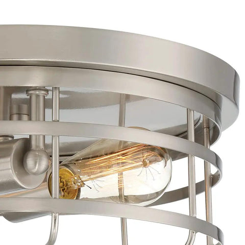 Close-up of Two Light Flush Mount Ceiling Light Satin Platinum Finish Damp Location Rated Dimmable with hardware and canopy.