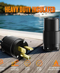 Heavy Duty 20 Amp NEMA 5-20 Plug and Receptacle Set 125 Volt 2-Pole 3-Wire on wooden surface with icons highlighting features