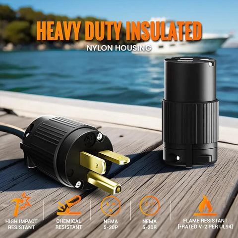 Heavy Duty 20 Amp NEMA 5-20 Plug and Receptacle Set 125 Volt 2-Pole 3-Wire on wooden surface with icons highlighting features