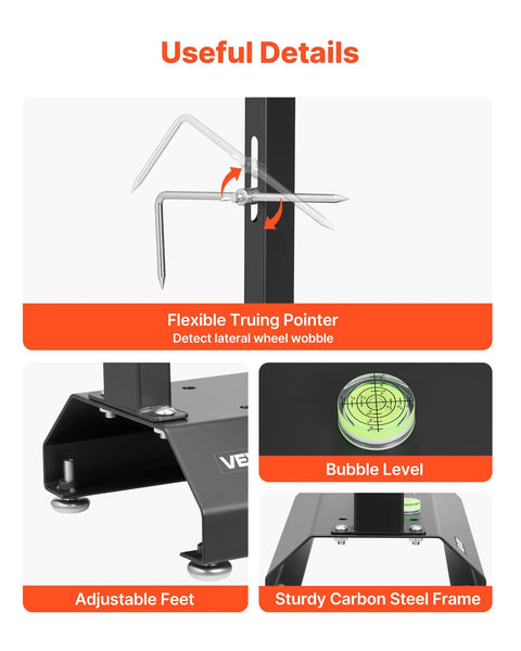 Motorcycle Wheel Balancer And Truing Stand with adjustable centering cones, flexible truing pointer, bubble level, and steel frame