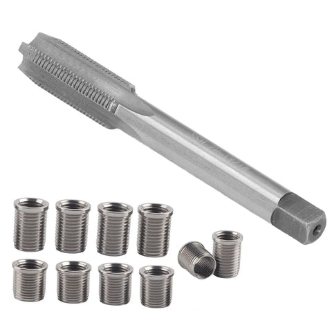 Spark Plug Thread Repair Kit Universal Reamer and Tap Set shown with stainless steel M10x1.0 bolts and M12x1.0 tap.