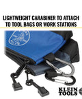Close-up of Stand Up Zipper Tool Bags Set With Carabiners, showing the carabiners attached to the blue and gray pouches.
