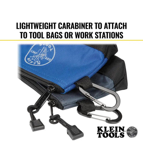 Close-up of Stand Up Zipper Tool Bags Set With Carabiners, showing the carabiners attached to the blue and gray pouches.