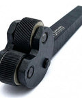 Self Adjusting Pivot Head Knurling Tool With 10 Millimeter Shank for diamond knurling in metal, close-up of black metal tool head and shank