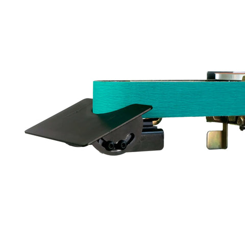 Heavy Duty Industrial Belt Grinder With Kickass 1 Hp Motor And Tilting Stand, black attachment and teal belt visible.