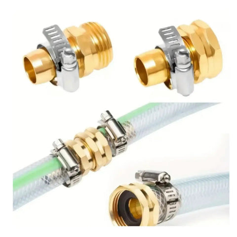 Heavy Duty Garden Hose Repair Connector Set With Clamps Aluminum Quick Connect Fittings For Three Quarter Inch And Five Eighth Inch Hoses, Includes Male And Female Adapters, Rust Resistant, Two Sets With Washers