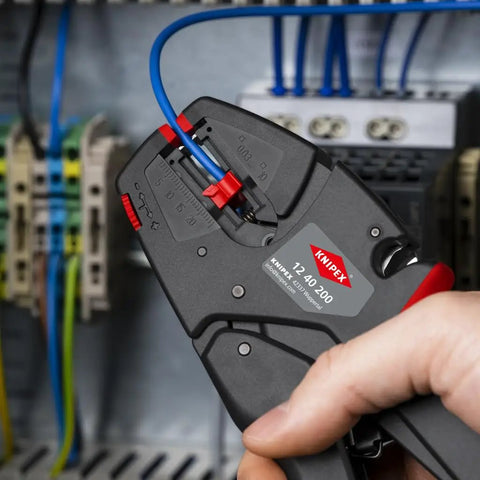 Automatic Wire Stripper For THHN 8 To 32 AWG, EvoStrip Model With Auto Adjust, No Sweat Strips On Single, Multi And Fine Stranded Cables Safely, Works On Plastic Or Rubber Insulation, Precise Cutting Depth Dial For Conductor Protection