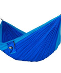 Neolite Single Camping Hammock Ultra Lightweight Portable Nylon Parachute Hammock For Backpacking Travel Beach And Backyard Use Includes Straps And Steel Carabiners Up To 400 Lbs Sky Blue shown suspended with carabiners.