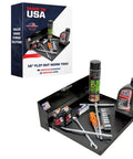 Fold Out Work Station Tray Cabinet For Garage And Trailer 16x14 Inch Tray Aluminum Powder Coated Black Made In USA with tools