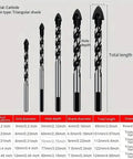Heavy Duty Cross Hex Drill Bit Set With Hole Saw For Glass Ceramic Wood Plastic Tile Plus Metal Alloy Construction featuring various carbide drill bits and specifications.
