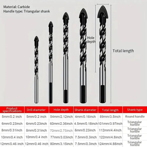 Heavy Duty Cross Hex Drill Bit Set With Hole Saw For Glass Ceramic Wood Plastic Tile Plus Metal Alloy Construction featuring various carbide drill bits and specifications.