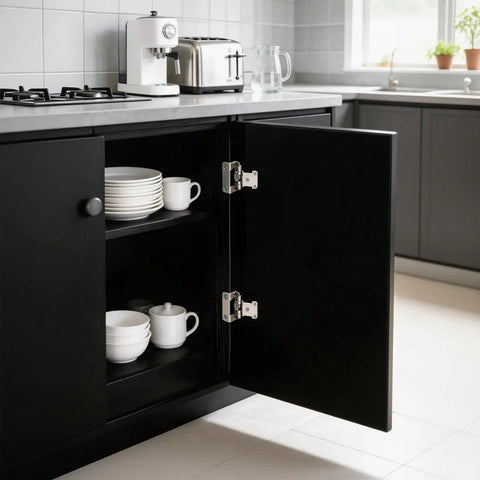 Premium Half Inch Overlay Cabinet Hinges Featuring Seamless Self Closing Action Flat Out Quality Brushed Nickel Hardware for Face Frame Doors installed on black cabinet.