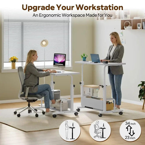 Height Adjustable Ergonomic Rolling Computer Desk With Storage Shelves Waterproof Portable Study Table Compact Multipurpose Workstation For Home Office with two women working.