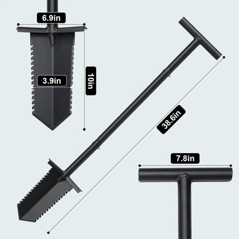 39 Inch Lightweight Metal Detecting Shovel With V Shaped Serrated Blade For Treasure Hunting And Digging shown with dimensions
