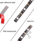 Battery Powered RGB LED Strip Lights 2M Long With 3 Button Controller showing adhesive tape, easy to cut feature, and IP65 waterproof rating