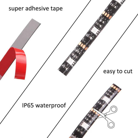 Battery Powered RGB LED Strip Lights 2M Long With 3 Button Controller showing adhesive tape, easy to cut feature, and IP65 waterproof rating