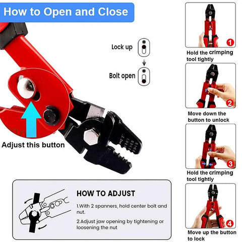 Close-up of Wire Rope Crimping Tool up to 2.2mm showing adjustment and locking instructions for DIY wire work.