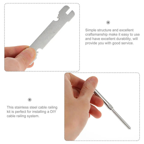 Close-up of wrench and screw from Stainless Steel Left and Right Threaded Lag Screws For Cable Railing System DIY Outdoor Deck Kit