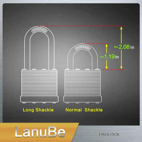 Diagram showing two padlocks with measurements; Keyed Alike Laminated Steel Padlock Set One And Nine Sixteenth Inch Wide Body With Normal Shackle Blue Marked Pack Of 24 Padlocks Includes 48 Keys One Key Fits All Locks.