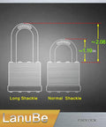 Diagram comparing long shackle and normal shackle of laminated padlocks with measurements on gray background.