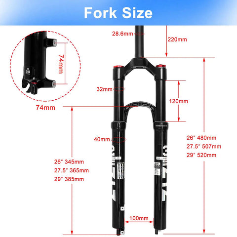 Dual Air MTB Suspension Fork For XC And AM Mountain Bikes With 120mm Travel One Eighth Inch Straight Tube Quick Release 9mm By 100mm Manual Lockout Lightweight Front Fork dimensions and measurements