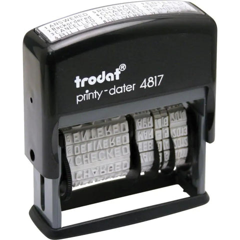 Premium Self Ink Date Stamp Featuring Dial Phrase Adjuster with preset phrases, compact black rubber design for efficient use.
