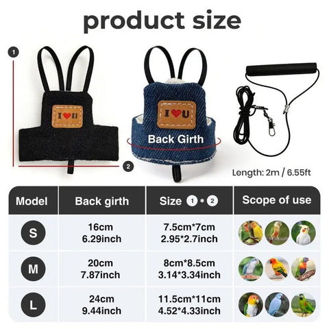 Adjustable Bird Flight Suit Harness Escape Proof Design With Anti Bite Straps in S M L sizes, denim and black canvas